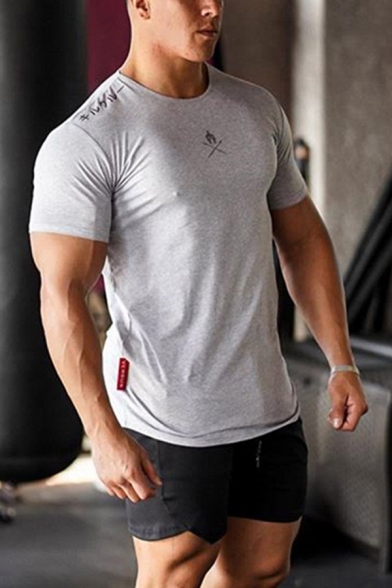 Japanese Letter Graphic Short Sleeve Crew Neck Slim Fit Tee for Muscle Boys