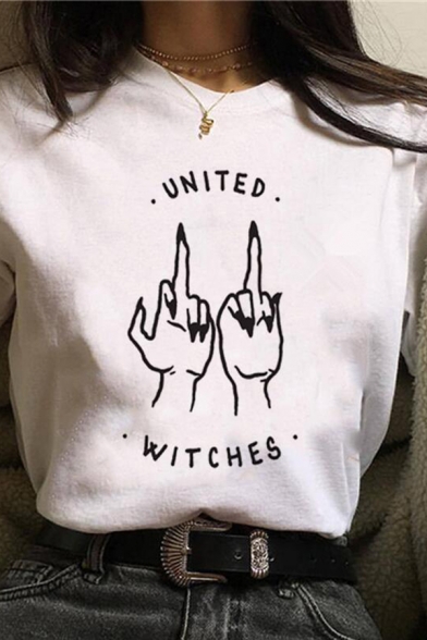 Korean Style Letter United Witches Gestures Graphic Short Sleeve Crew Neck Loose White Tee for Women