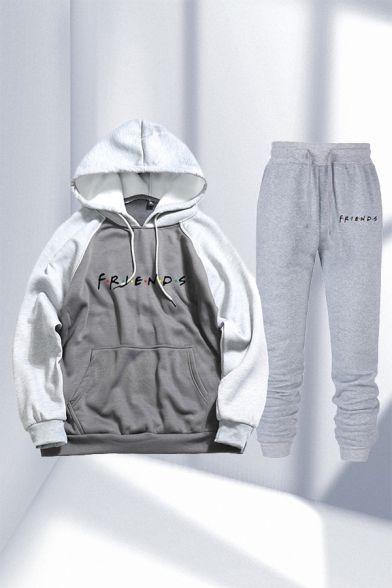 Leisure Letter Friends Printed Contrasted Long Sleeve Drawstring Kangaroo Pocket Loose Hoodie & Ankle Length Relaxed Fit Sweatpants Co-ords