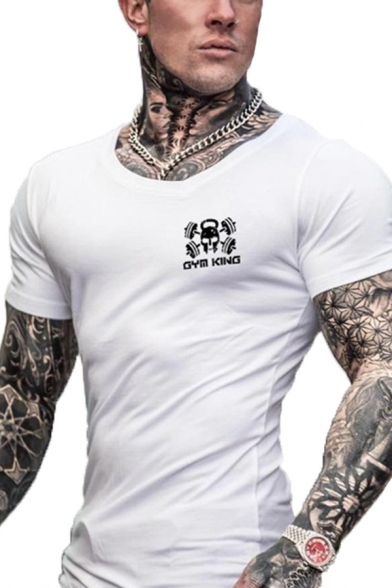 Muscle Guys Skull Letter Graphic Short Sleeve Round Neck Letter Curved Hem Slim Fit Tee Top