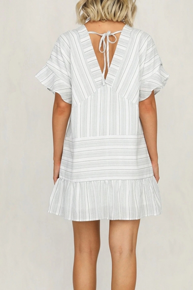 Popular Girls Stripe Printed Bell Sleeves V-neck Bow Tie Back Ruffled Trim Mini A-line Dress in Gray-White