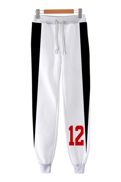 Popular Number Printed Contrasted Drawstring Waist Ankle Cuffed Carrot Fit Sweatpants in Red