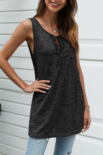Popular Womens Bow Tie Front Relaxed Fit Plain Long Tank Top