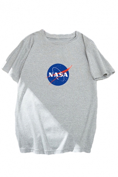 Popular Womens Letter Nasa Printed Short Sleeve Round Neck Loose Fit T Shirt