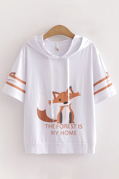 Popular Womens Letter The Forest Is My Home Fox Graphic Short Sleeve Hooded Drawstring Loose Fit Tee Top