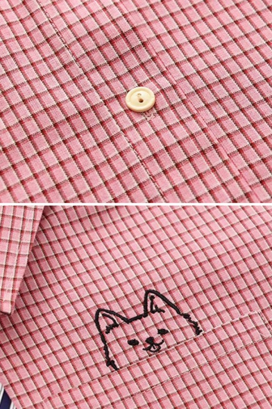 Preppy Looks Cat Embroidered Checkered Print Short Sleeve Point Collar Chest Pocket Button up Relaxed Shirt for Girls