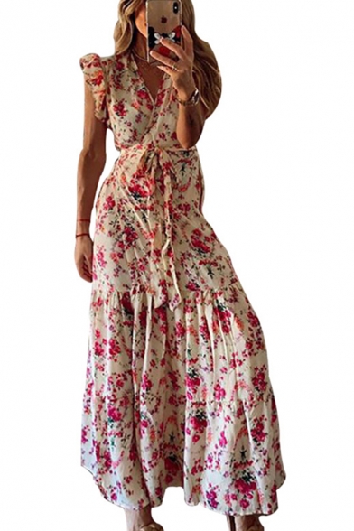 Pretty Ladies All over Floral Printed Sleeveless Surplice Neck Bow Tie Waist Ruffled Trim Maxi Pleated A-line Dress in Red