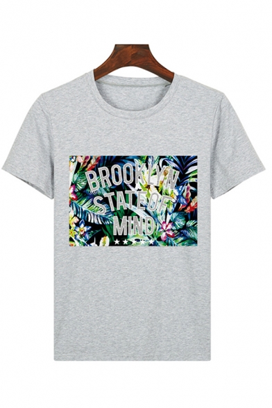Stylish Guys Letter Brooklyn Stateof Mind Floral Graphic Short Sleeve Crew Neck Regular Fit T Shirt