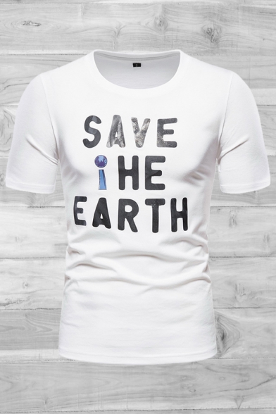Stylish Guys Letter Save The Earth Printed Short Sleeve Crew Neck Slim Fitted T-shirt