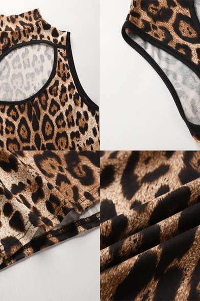 Stylish Ladies Leopard Printed Sleeveless Mock Neck Cut out Slim Fit Tank Top in Brown