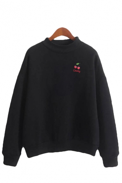 Stylish Sherpa Liner Cherry Graphic Long Sleeve Mock Neck Loose Pullover Sweatshirt for Women