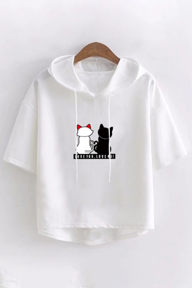 Trendy Girls Cartoon Cat Printed Short Sleeve Drawstring High Low Hem Relaxed Fit Hoodie