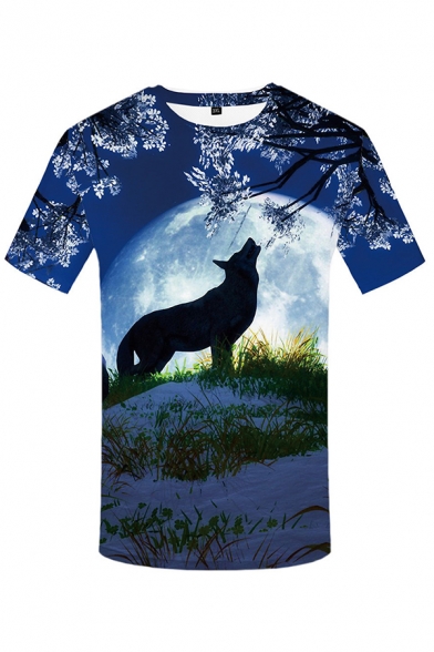 Trendy Mens Wolf Moon 3D Printed Short Sleeve Crew Neck Loose Fit T-shirt