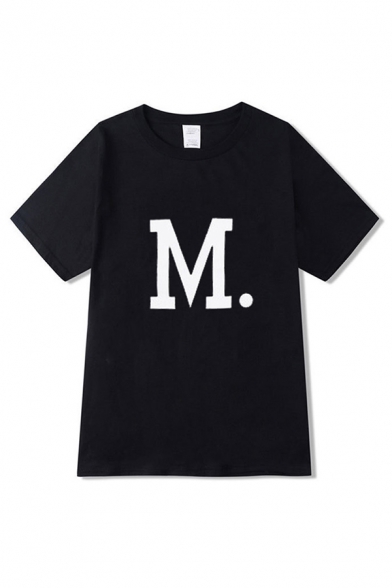 Basic Mens Letter M Print Short Sleeve Crew Neck Regular Fitted T Shirt