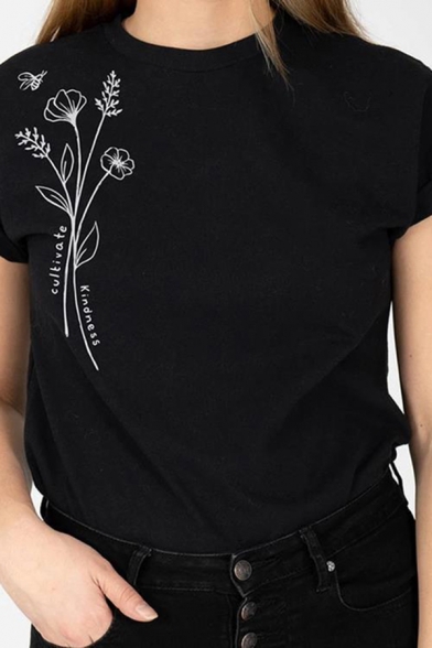 Casual Floral Printed Rolled Short Sleeve Crew Neck Regular Fit Tee Top in Black