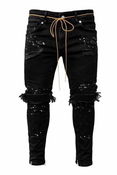 Chic Boys Distressed Paint Splashed Bow Tie Waist Ankle Skinny Jeans