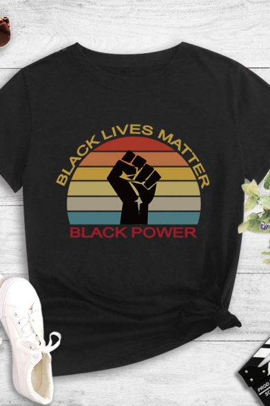 Cool Womens Letter Black Lives Matter Colorful Stripe Fist Graphic Slim Fit T-shirt