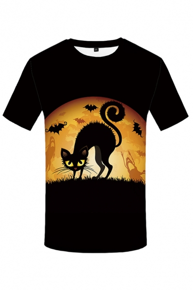 Creative Boys Cartoon Cat 3D Printed Short Sleeve Crew Neck Slim Fit T Shirt in Black