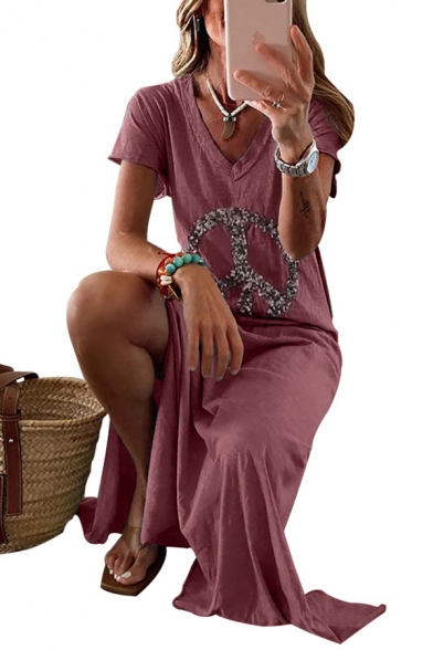 Fashion Womens Geo Printed Short Sleeve V-neck Slit Sides Maxi A-line T-shirt Dress
