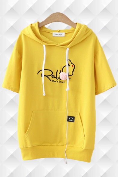 Fashion Womens Rabbit Letter Embroidered Short Sleeve Hooded Drawstring Kangaroo Pocket Loose T Shirt
