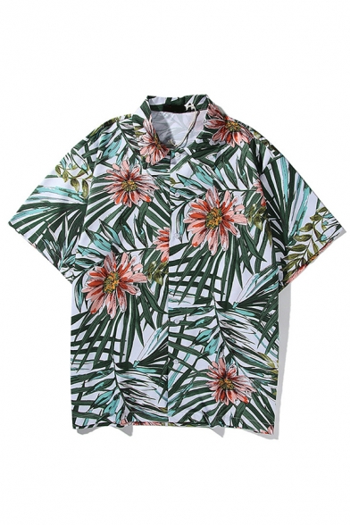 Hawaii Allover Flower Leaf Printed Short Sleeve Point Collar Button down Loose Fit Shirt Top in Green