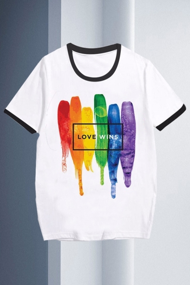 Letter Love Wins Colorful Stripe Graphic Short Sleeve Crew Neck Loose Popular Ringer Tee in White