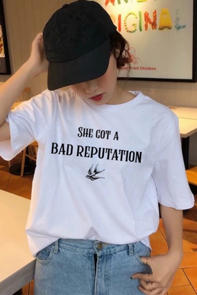Letter She Got A Bad Reputation Print Short Sleeve Crew Neck Relaxed Fit Fashionable T-shirt in White