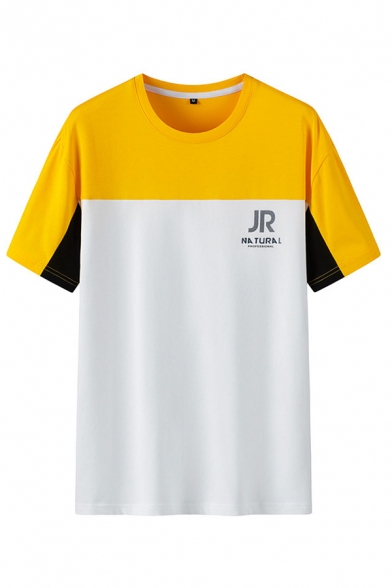 Popular Mens Letter JR Print Contrasted Short Sleeve Crew Neck Relaxed Tee Top