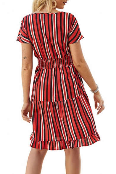 Trendy Womens Stripe Printed Short Sleeve V-neck Gathered Waist Ruffled Short A-line Dress