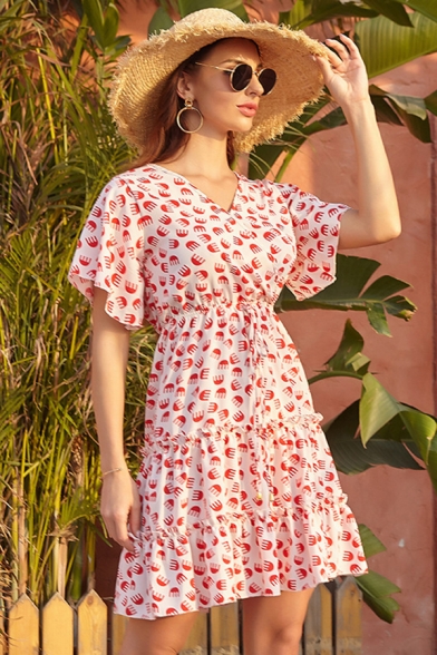 Allover Printed Short Sleeve Surplice Neck Drawstring Waist Ruffled Vacation Short Pleated A-line Dress in Red