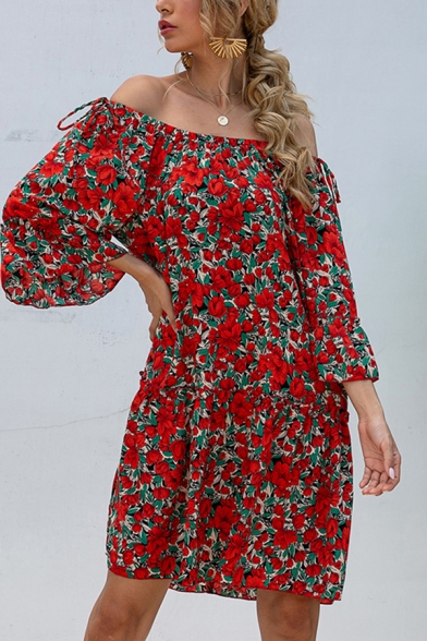 Casual All over Floral Printed Bell Sleeve Off the Shoulder Short Swing Dress for Women