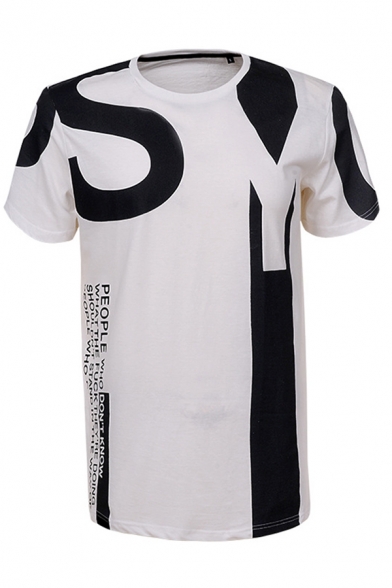 Chic Letter Printed Contrasted Short Sleeve Crew Neck Loose Fit Tee Top