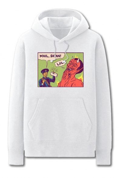 Chic Mens Figure Letter Mail Satan Pattern Cuffed Drawstring Long Sleeve Regular Fit Graphic Hooded Sweatshirt with Kangaroo Pocket