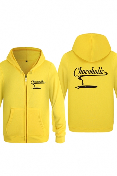 Chic Mens Water Pattern Letter Chocoholic Zipper up Pocket Drawstring Long Sleeve Regular Fitted Graphic Hooded Sweatshirt