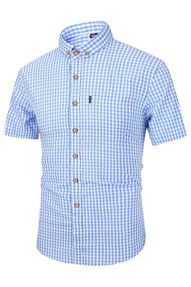 Classic Mens Checked Pattern Button up Short Sleeve Button-down Collar Regular Fitted Shirt with Pocket