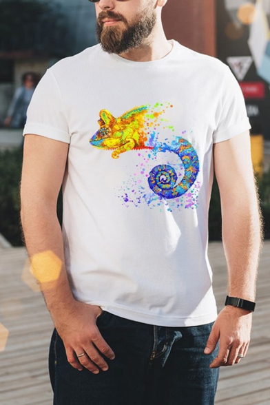Colorful Mens Animal Pattern Short Sleeve Round Neck Regular Fit T-Shirt in White