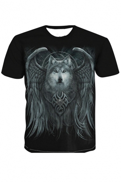 Cool 3D Wolf Wing Tiger Pattern Short Sleeve Round Neck Regular Fitted T-Shirt for Men