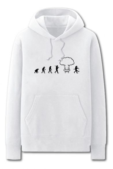 Cool Mens Character Cloud Pattern Pocket Drawstring Long Sleeve Regular Fit Hooded Sweatshirt