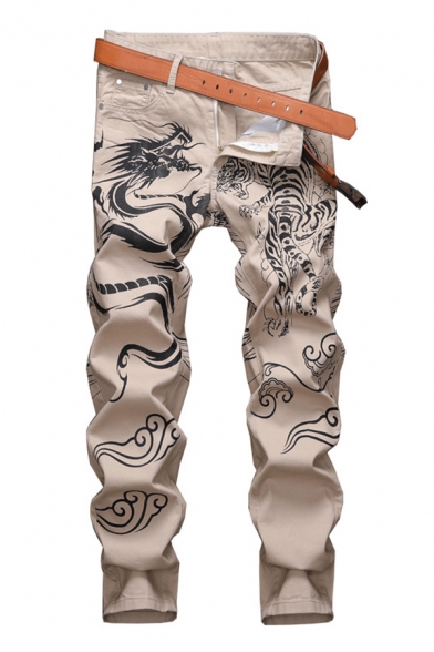 Cool Mens Tiger Dragon Pattern Pocket Zipper Fly Mid Rise Full Length Slim Fitted Jeans