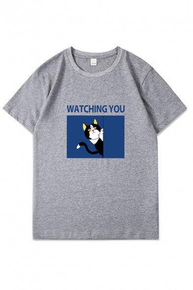 Cute Cat Letter Watching You Graphic Short Sleeve Crew Neck Relaxed Fitted T Shirt for Guys