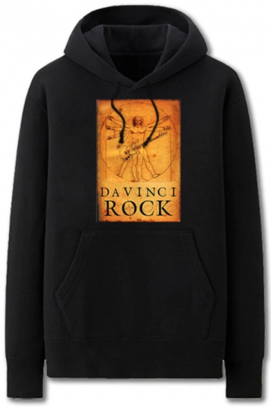 Fancy Mens Character Letter Davinci Rock Printed Pocket Drawstring Long Sleeve Regular Fit Graphic Hooded Sweatshirt