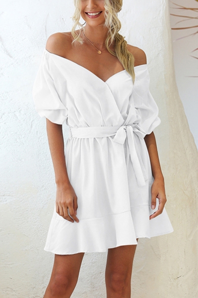 Fashion Womens Solid Color Short Sleeve Off the Shoulder Bow Tied Waist Ruffled Mini Pleated A-line Dress