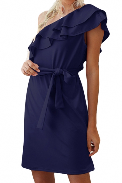 Formal Womens Solid Color Ruffled Oblique Shoulder Bow Tied Waist Short A-line Dress