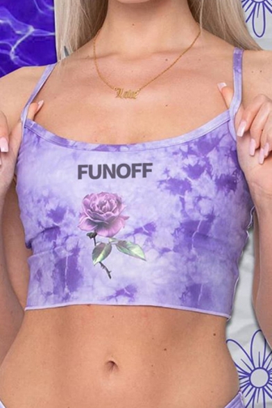 Girls Sexy Tie-dye Letter Fun Off Flower Graphic Spaghetti Straps Fitted Crop Cami Top in Purple