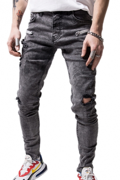Gray Creative Mens Jeans Ripped Patchwork Zip Fly Button Pockets Tapered Fit Full Length Jeans with Washing Effect