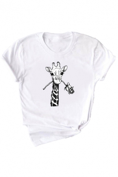 Leisure Giraffe Floral Printed Rolled Short Sleeve Crew Neck Regular Fit Tee Top for Girls