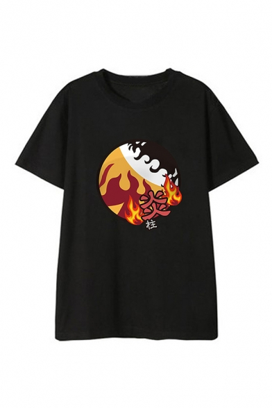 Leisure Mens Chinese Letter Flame Graphic Short Sleeve Crew Neck Loose Fit T Shirt