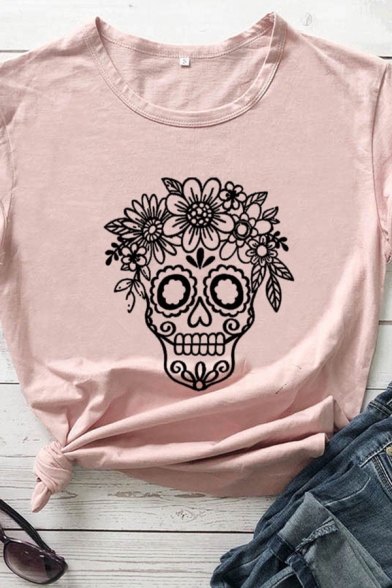 Leisure Womens Flower Skull Print Rolled Short Sleeve Crew Neck Regular Fit T Shirt