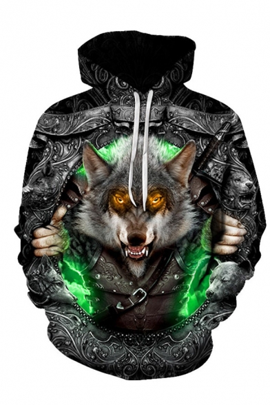 Mens Cool Lion Wolf 3D Print Drawstring Long Sleeve Relaxed Fitted Hoodie with Pocket