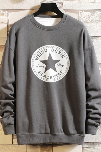 Mens Pullover Sweatshirt Basic Letter Black Star Printed Round Neck Cuffed Long Sleeve Regular Fit Graphic Pullover Sweatshirt